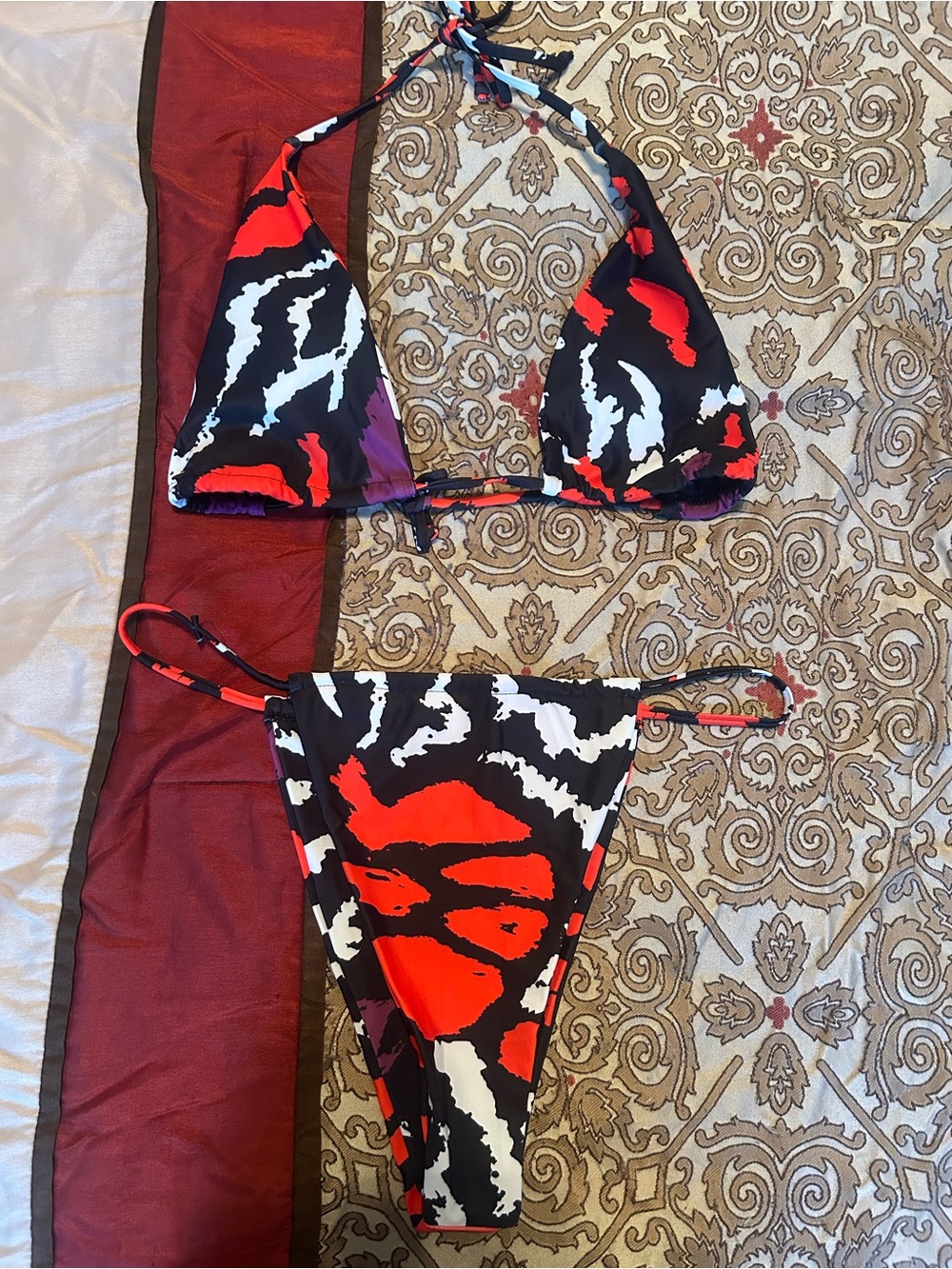 Red Black White Abstract Print Triangle Bikini